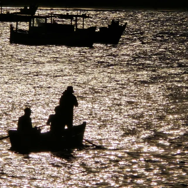 Silhueta de pescadores no barco, água dourada